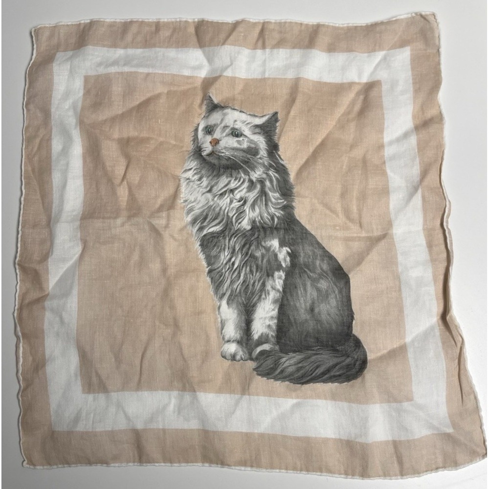 Vintage Persian Cat Handkerchief Warm Taupe White Border Blue Eyes Gray Fur